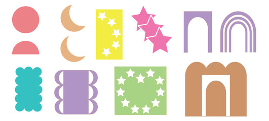 A set of colorful abstract geometric shapes and icons in delicate colors. Modern flat drawing, illustration highlighted on a white background