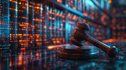Digital illustration of a wooden judge's gavel on a reflective surface with glowing lines of code in the background, symbolizing law and technology.