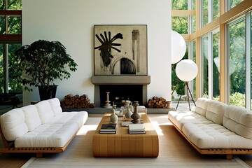 Light Filled Modern Living Room with Fireplace and Artwork Above Mantle