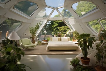 Geodesic Dome Home Interior with Greenery and Pastel Accent Chair