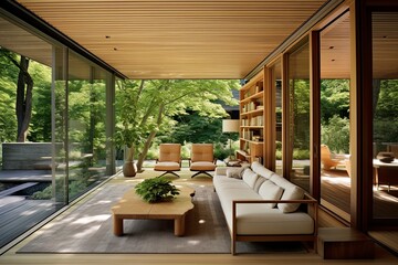 Masterfully Designed Contemporary Living Room with Nature Integration and Natural Wood Coffee Table