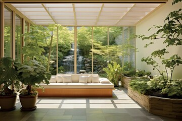 Bright Conservatory Indoor Lounge with Garden and Waterfall