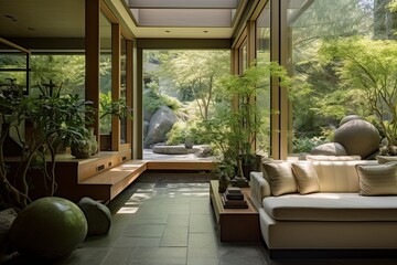 Calm Ambiance in Luxurious Home Lounge with Indoor Garden and Large Boulders