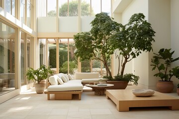 Serene Family Room with Natural Light and Indoor Tree with Linen Furniture