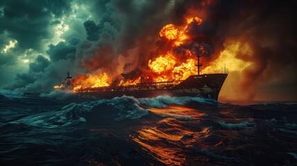 a burning oil tanker in the ocean 