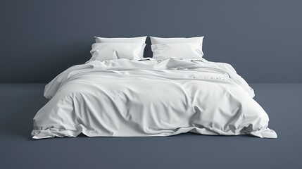 A bed with a white comforter and pillows. AI image. Comforter mockup. copy space for text.