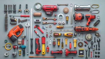A meticulously organized display of various tools and hardware, including power tools, hand tools, and mechanical parts, on a grey background. copy space for text.