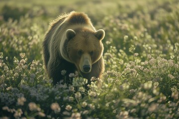 A bear walks through a field with small flowers