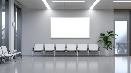 A mockup of an empty white poster on the wall in modern hospital waiting room with comfortable chairs and medical equipment. copy space for text.