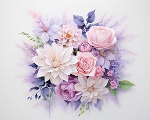 Soft color hues and fine strokes in a watercolor wedding bouquet, creating depth and luminosity against a white backdrop ,  fresh and clean look