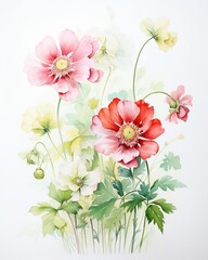 Fototapeta premium Simple yet expressive watercolor painting of Sweet Peas and Daffodils, happiness captured in soft reds and bright greens , high-detail texture