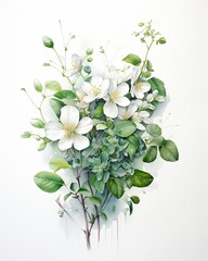 Fototapeta premium Watercolor artwork capturing the essence of family with Peonies and Queen Anne s Lace, soft hues and fine green leaves against white , watercolor painting