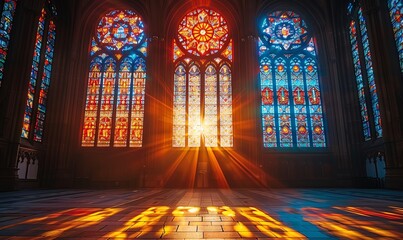 Round stained glass window in a historic cathedral, sunlight streaming through,