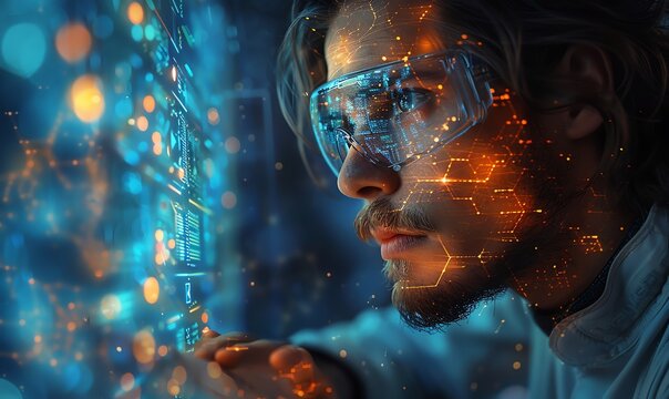 Scientist illustrating a new technology concept at a tech conference, engaging, forwardthinking,