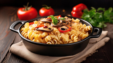 A tantalizing dish of pasta with mushrooms and tomatoes, exuding warmth and inviting the senses. A testament to culinary artistry