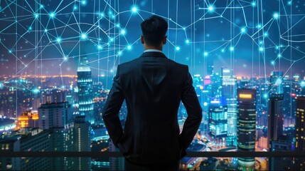 Fototapeta premium Businessman in futuristic city networ, navigating opportunities, Ai Generated
