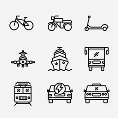 Transportation icon. Collection icon transportation simple linear bicycle, motorcycle, skuter, plane, ship, bus, train, electric car, taxi. Editable vector stroke. © Bagus Ali Purwanto