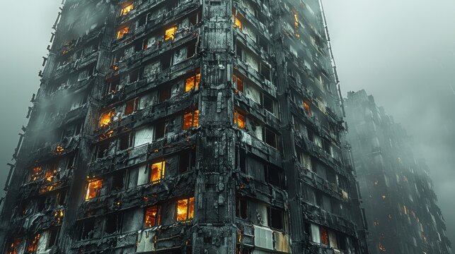 A building with a lot of windows is on fire