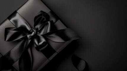 Elegant luxury gift box adorned with black ribbon bow on black backdrop. Ai Generated
