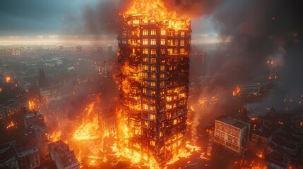 A large building is on fire in the middle of a city