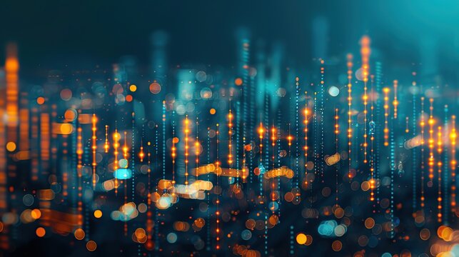Abstract glowing big data forex candlestick chart on blurry city backdrop. Trade, technology, investment and analysis concept. copy space for text.