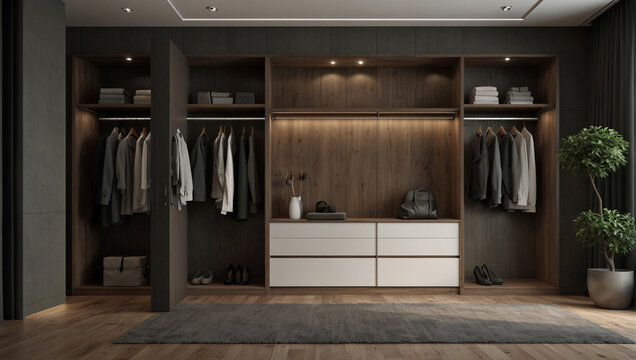 AI generative of 3d render interior of walk in closet of minimalist modern style. Opened cabinet shelfs of wood and white duco finish. Wood parquet floor and white ceiling. Set 4