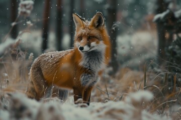 fox poses for the camera in a snowy forest illustration