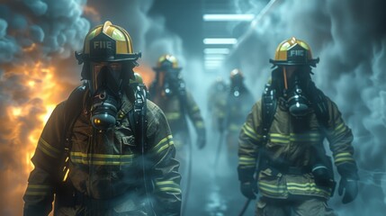 Fototapeta premium A group of firefighters are in a burning building