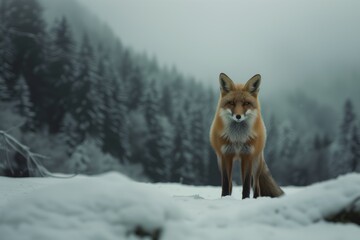 Fototapeta premium fox poses for the camera in a snowy forest illustration