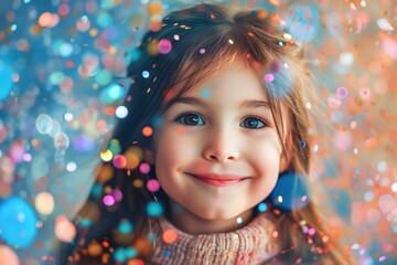 Cute little brunette girl rejoices at holiday among colorful sparkles and confetti. Concept of children, happy childhood and international children's day