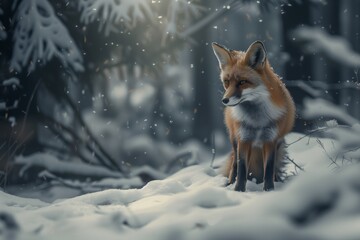 Fototapeta premium fox poses for the camera in a snowy forest illustration