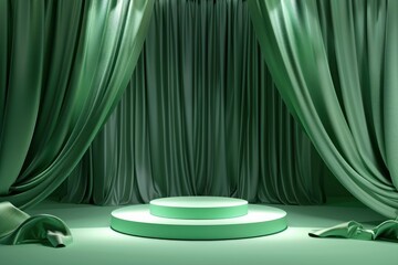 3d podium green background and fabric curtain with spotlight luxury - generative ai