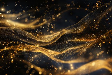 A gold dust swirls in the air on black background, creating an abstract and ethereal atmosphere