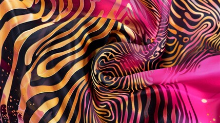 Pink and gold zebra print silk scarf with honeycomb pattern, digital art style, dark pink background, luxurious wall hangings, unique fabric patterns.