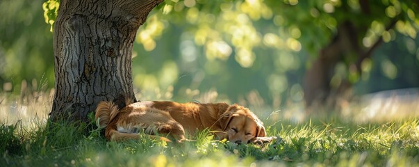 Lazy dog napping under a shady tree, epitome of the dog days of summer, relaxed and peaceful