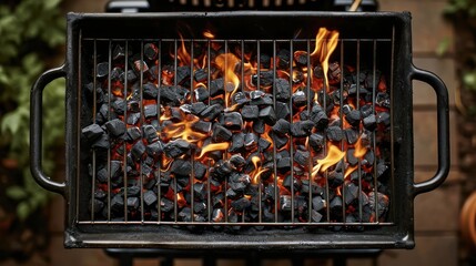 top view of burning hot coal in a barbecue stand covered by a regular iron bar grill