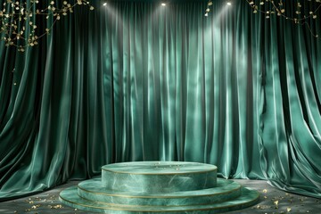 3d podium green background and fabric curtain with spotlight luxury - generative ai