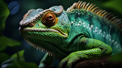 Green gecko perching on branch in forest
