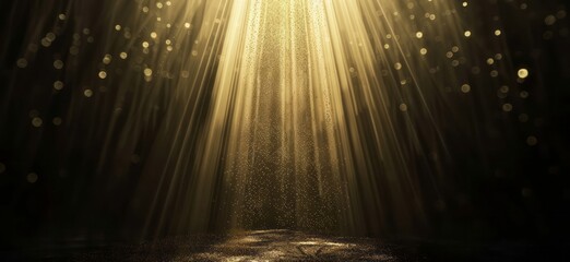 Golden light with glowing lines on a black background and sparkling vertical light beams