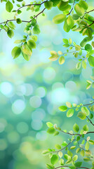 Spring background, green tree leaves on blurred background,vector image.