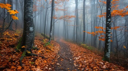 Trail through a mysterious dark old forest in fog. Autumn morning in Crimea. Magical atmosphere