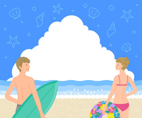 夏の素材：海で入道雲が出た青空と笑顔の男女