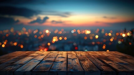 Wood table top with blurred abstract background of city night lights downtown city view. Wooden...