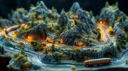 Miniature train navigating a winding mountain pass on a detailed topographical map
