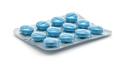 White background showcases blisters filled with blue pills, vivid and striking, Ai Generated.