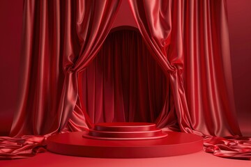 3d podium red background and fabric curtain with spotlight luxury - generative ai
