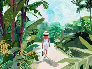 On vacation, a woman, mom,  is walking, relaxed and appreciating nature and the outdoors, in the tropics