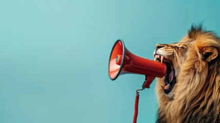 Imagine a lion making a statement, roaring on a megaphone with powerful intensity, Ai Generated.