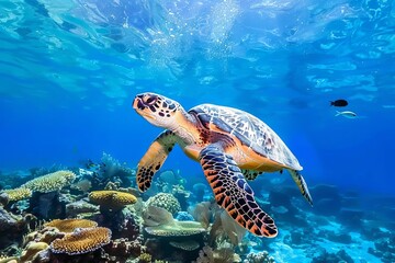 majestic hawksbill sea turtle gliding through vibrant coral reef underwater wildlife photography