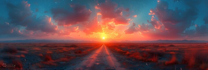 Open Road, Endless Possibilities, A winding road stretches into the distance, disappearing into a vibrant sunset.